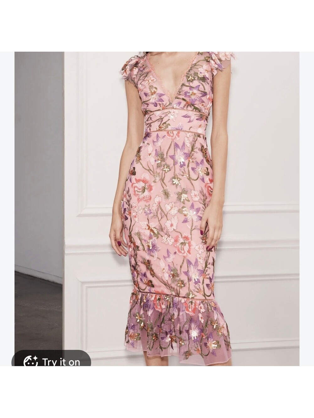 Marchesa Notte Embroidered Floral Midi Wedding Guest Formal Dress Size 6